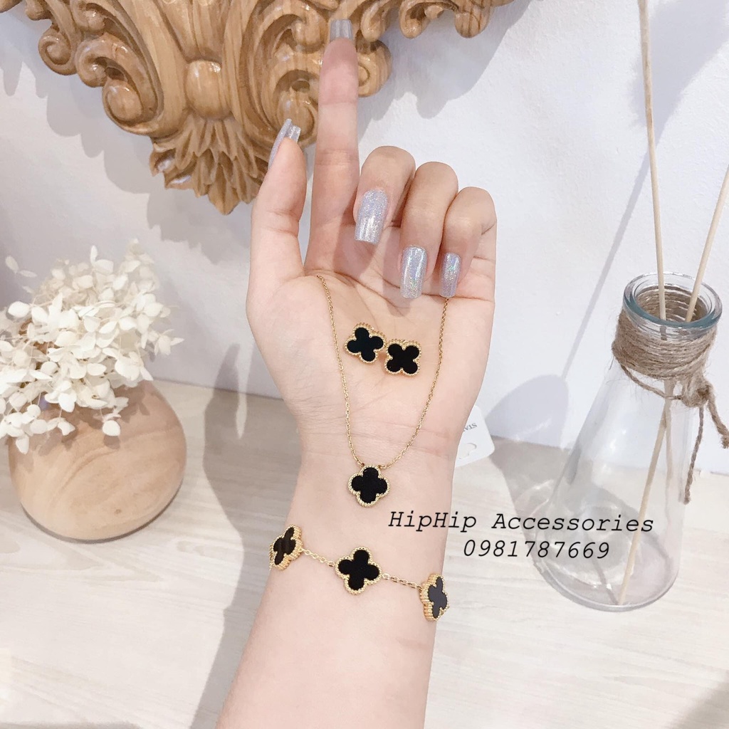 Set titan 3 món bông tai - lắc tay - vòng cổ  hình cỏ 4 lá ???? ???? ????