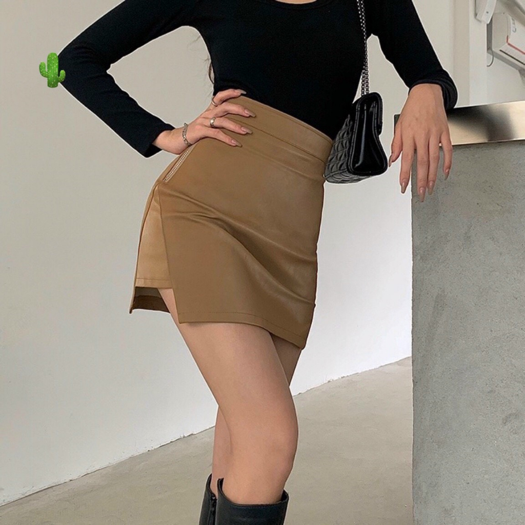 Chân váy da có zip kéo, chân váy da ngắn sexy có 3 màu đen/be/nâu _PC_NCboutique