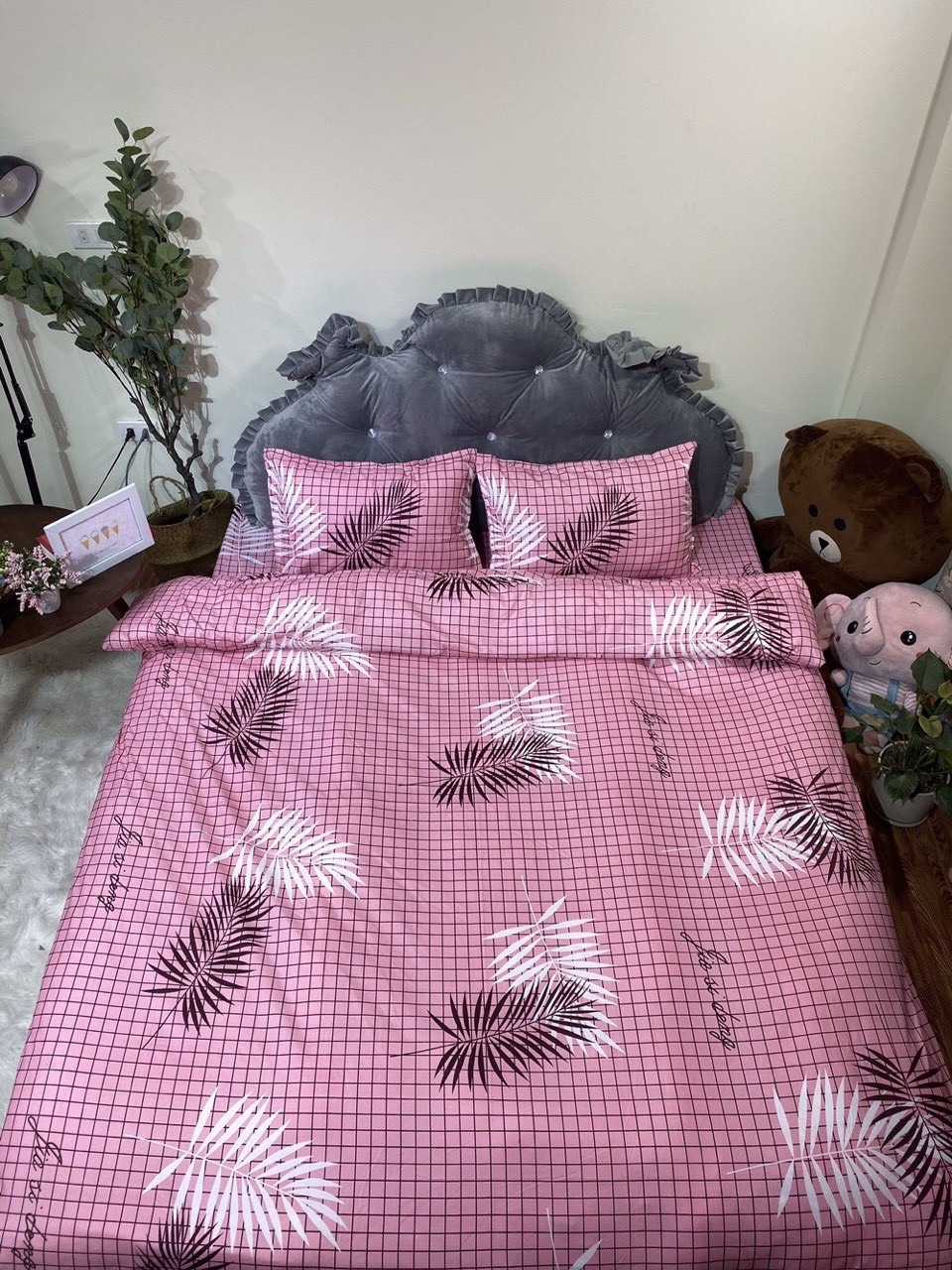 Vỏ chăn lồng ruột 2mx2m2 có khóa kéo,vải cotton poly hàn,mẫu lá hồng Bà Béo  Kho chăn ga gối, ga giường, drap giường