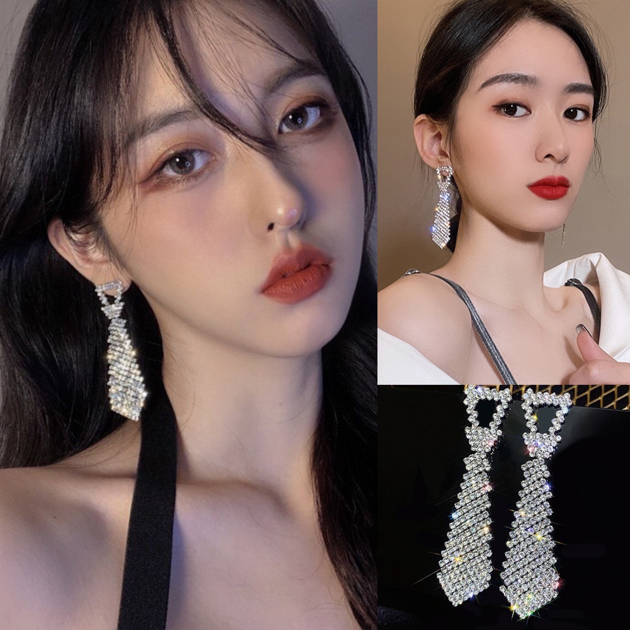 Khuyên tai bạc nữ hình cà vạt đính đá Bông tai lấp lánh Quảng Châu