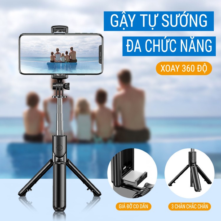 Gậy tự sướng bluetooth, Q07 kiêm gậy tự sướng có remote bluetooth chụp ảnh, Gậy chụp hình điều khiển từ xa, gậy tự sướng bluetooth 3 chân, gậy chụp ảnh livestream giá đỡ điện thoại, gậy selfie chống rung