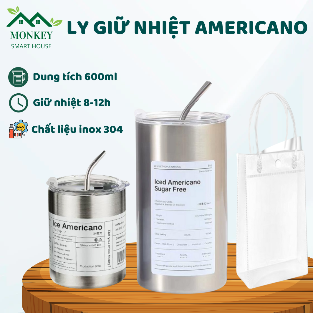 Ly Giữ Nhiệt Inox Iced Americano Chất Liệu Inox 304 Cao Cấp, Cốc Giữ Nhiệt Uống Cafe Giữ Nhiệt Dung Tích 600ml, Giữ Nhiệt Từ 8-12 Giờ, Tặng Kèm Ống Hút Túi Đựng