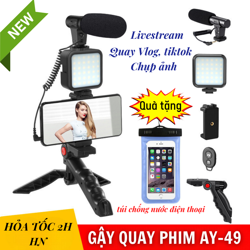 Gậy Chụp Ảnh Quay Phim 3 Chân Chống Rung Quay Youtube, Tiktok Kèm mic thu âm và đèn Led AY-49 - Gậy quay phim, live stream 3 chân, gay chup hinh