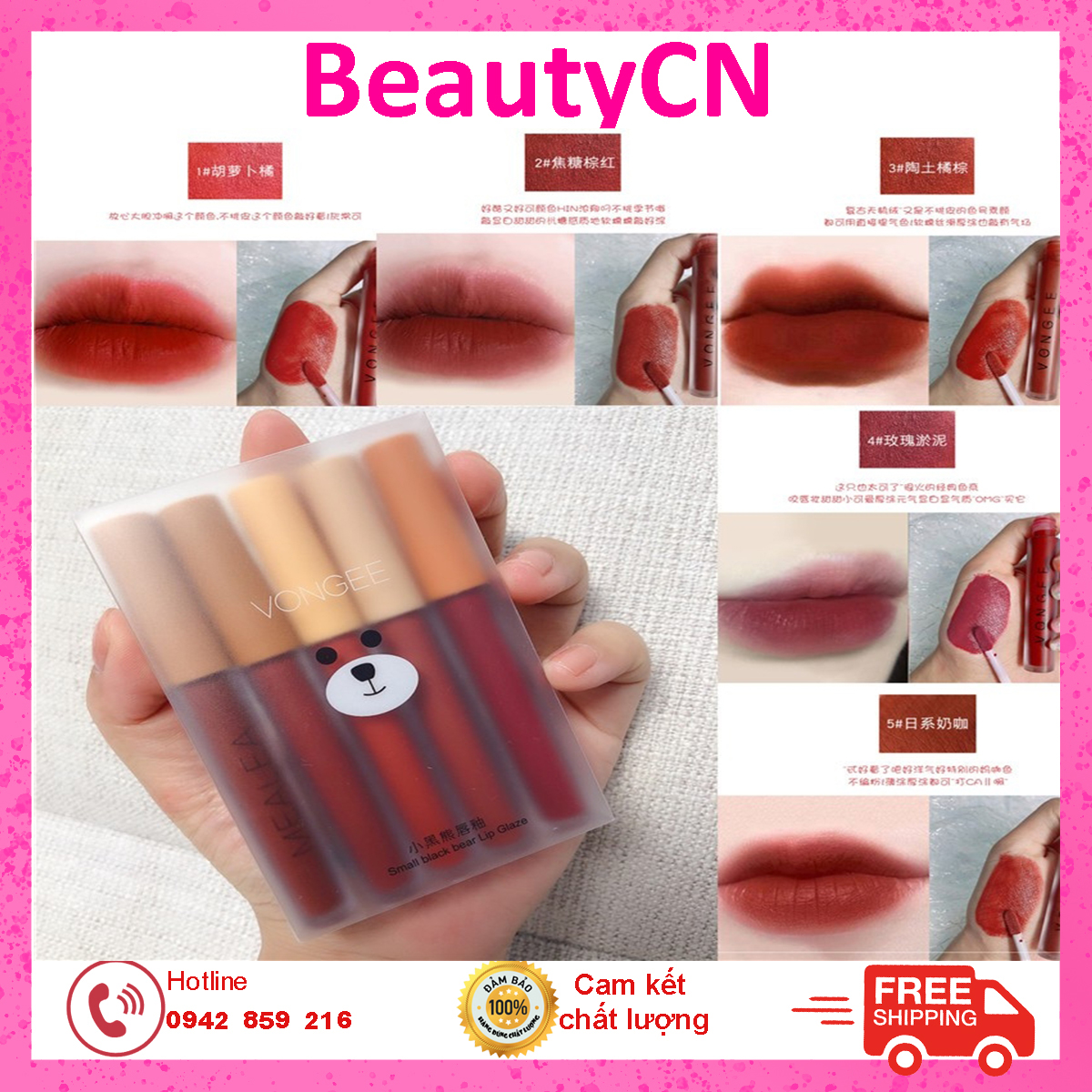 Set 5 Cây  Vongee Gấu Son Kem Lì VONGEE Mịn Mượt Như Nhung Và Không Khô Môi - Set Son Nội Địa
