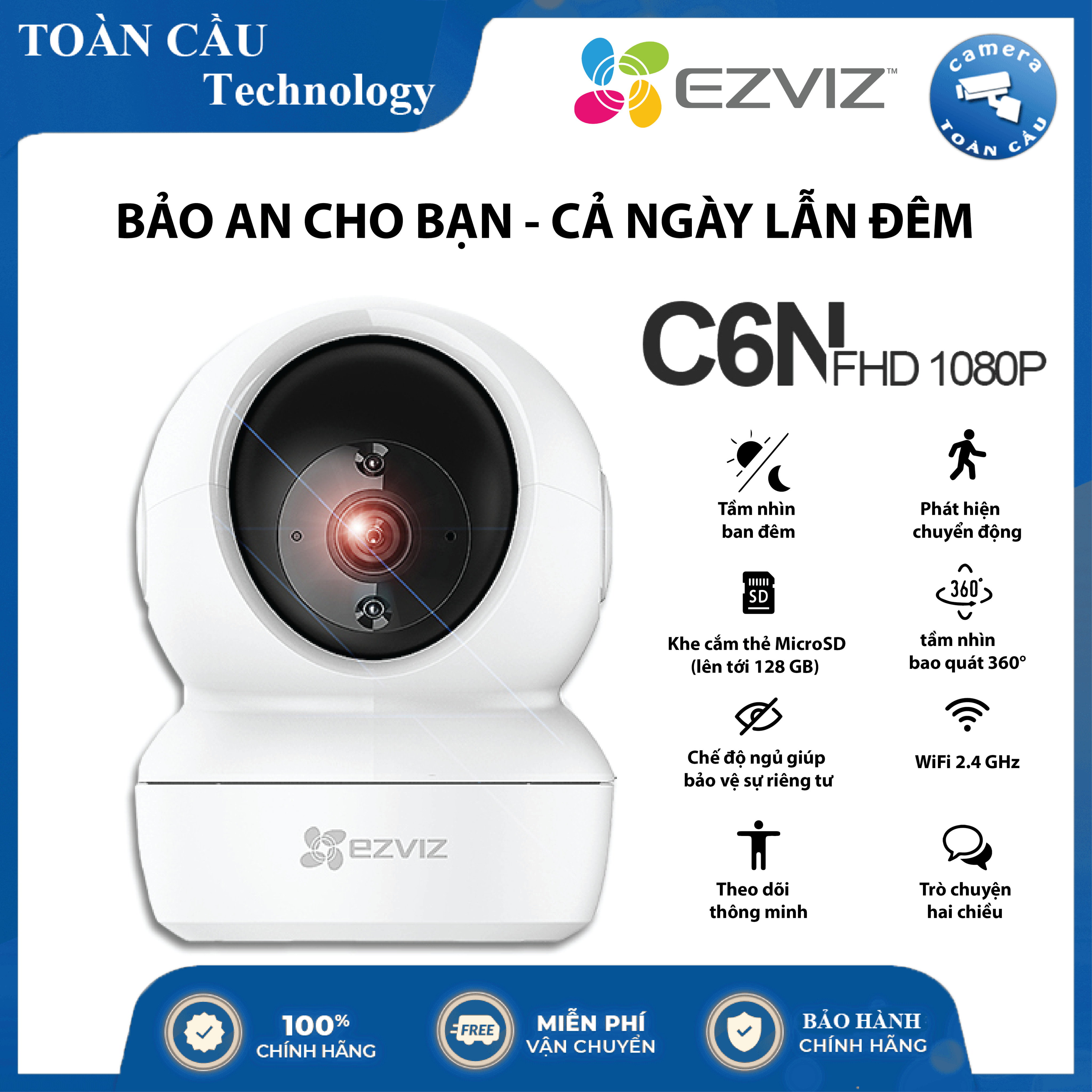 Camera wifi không dây camera mini 360 độ an ninh gia đình nhìn thấy mặt và biển số xe  EZVIZ CS-C6N C6N 4.0MP  - Hồng Ngoại Nhìn ban đêm, đàm thoại hai chiều, Báo động chuyển động thông minh egan BH HÃNG 24 THÁNG.