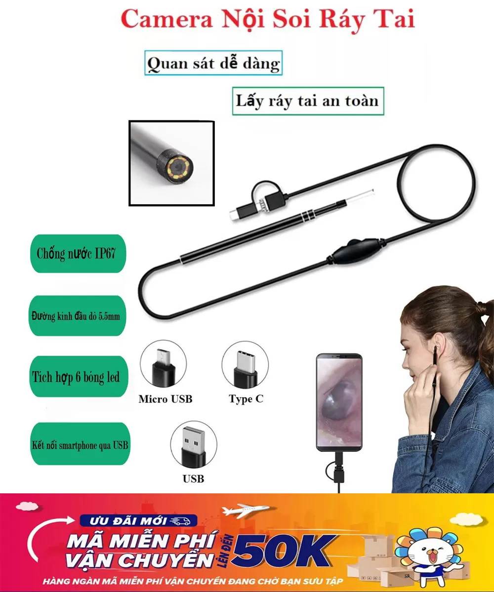 Camera nội soi tai mũi họng, Camera nội soi chống nước, Camera nội soi siêu nhỏ kết nối điện thoại, Camera nội soi 2in1- 5.5mm - dài 1m Camera nội soi lấy ráy tai cho bé và gia đình tặng kèm đầu lấy rai tai,