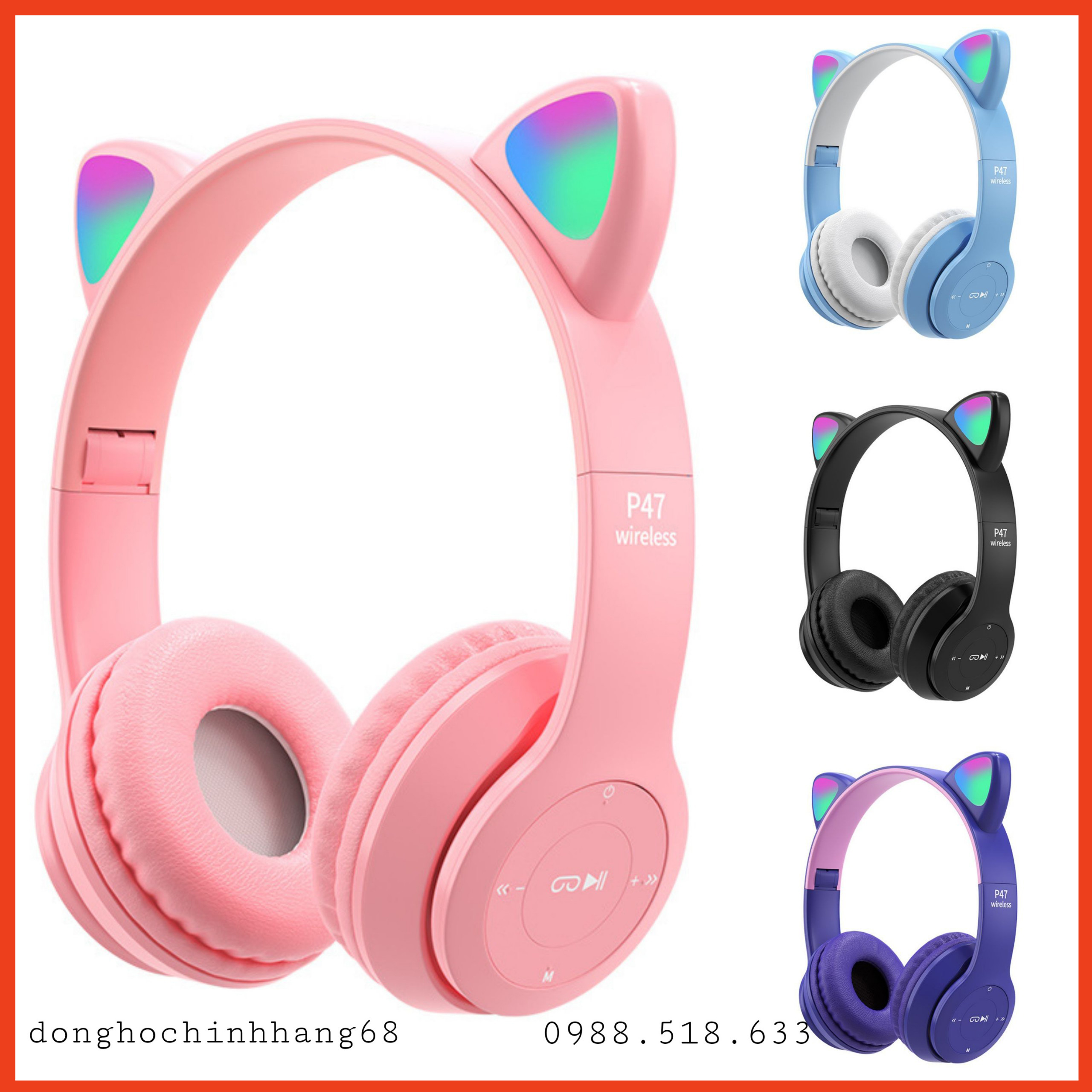 Tai Nghe Mèo Bluetooth P47M Chụp Tai, Tai Mèo Dễ Thương Có Mic, Âm Bass Mạnh Mẽ , Nghe Cực Chất Bảo Hành 12 Tháng