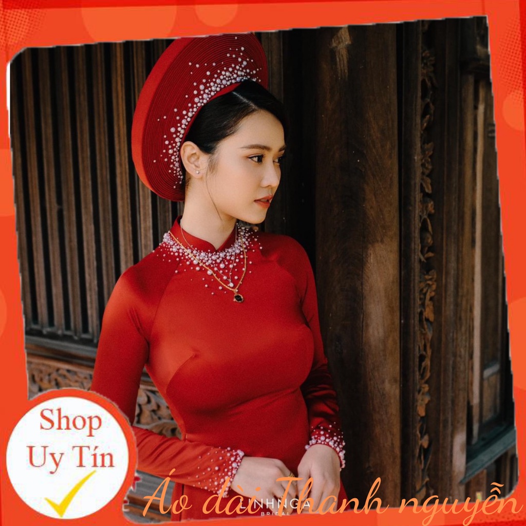 Áo Dài Lụa  Đỏ 4 Tà Cô Dâu Đính Hạt , Mấn Đội Đầu, Phụ Kiện Cài Tóc