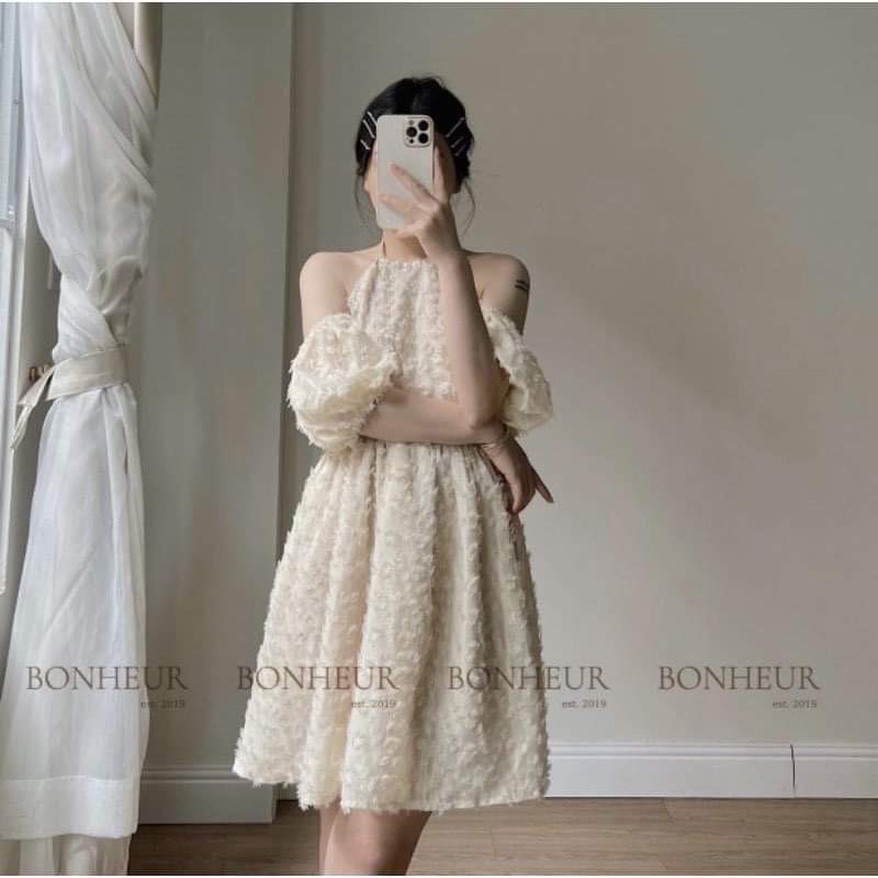 Đầm ren nữ trễ vai cổ yếm chất ren lông dáng xòe 2 lớp màu be, trắng- đầm babydoll nữ dáng xòe, đầm nữ xòe, váy nữ học sinh đi học kỷ yếu dự tiệc đi biển dễ thương, đầm công chúa tiểu thư hàn quốc, CLOWE