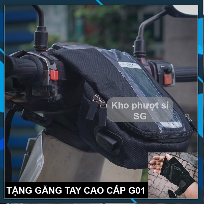 COMBO túi Grab dọc treo đầu xe máy cảm ứng điện thoại kèm găng tay xe máy cụt ngón SWAT G01 - Túi Grap treo đầu xe máy dạng dọc cảm ứng