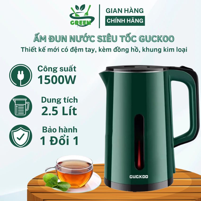 Ấm Đun Nước Siêu Tốc GUCKOO, Ấm Siêu Tốc Công Suất Cao 1500W Tự Ngắt Điện Khi Sôi, Bình Đun Nước Siêu Tốc 2 Lớp Cách Nhiệt Dung Tích 2.5L