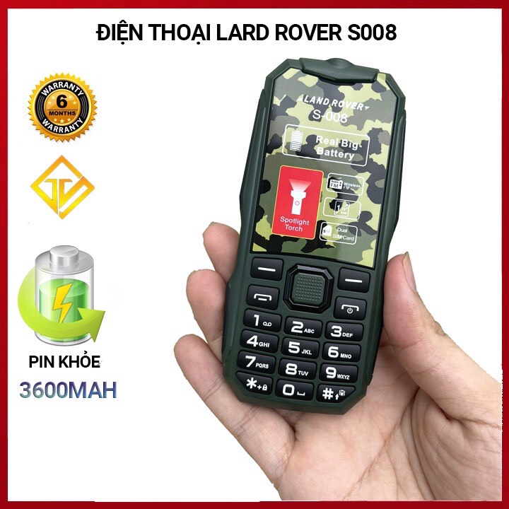 Điện thoại Landrover S008 2SIM 2 SÓNG Loa siêu to, bàn phím lớn, Hỗ trợ tự động ghi âm cuộc gọi, Nghe FM không cần tai nghe, Đèn pin siêu sáng, Pin 3600 mAh nghe gọi 3-7 ngày