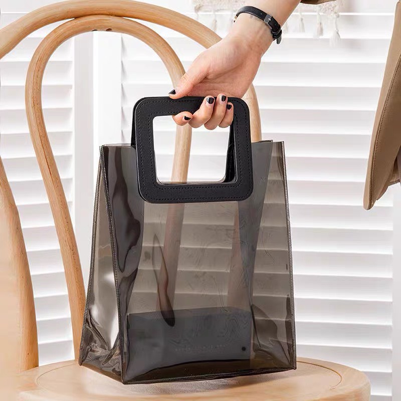 Túi Xách Nữ D.E.S Chất Liệu Nhựa Pvc Màu Đen Trong Suốt Có Quai Cầm Bằng Da Dùng Để Đựng Mĩ phẩm, Đựng Đồ Dùng Du Lịch
