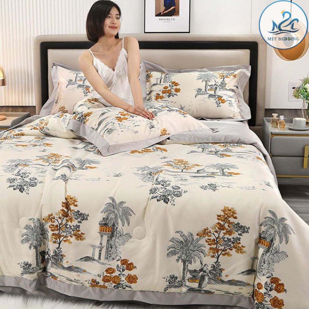 Bộ chăn ga gối lụa thái M2T Bedding - chăn hè chần bông, ga giường và 2 vỏ gối nằm - Ga giường bo chun miễn phí đủ kích thước 1m2, 1m4, 1m5, 1m6, 1m8, 2m2