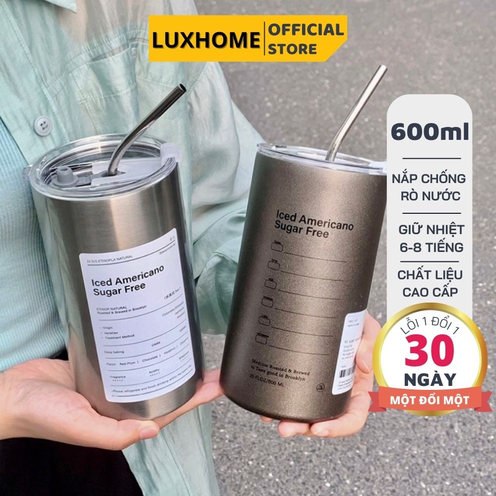 Ly Giữ Nhiệt ️Nóng Lạnh, Cốc Uống Nước Iced Americano Inox 304 Có Ống Hút Ly 600ML, CỐC GIỮ NHIỆT 600 ML LY GIỮ NHIỆT INOX ly giữ nhiệt uống cafe, cốc giữ nhiệt có ống hút