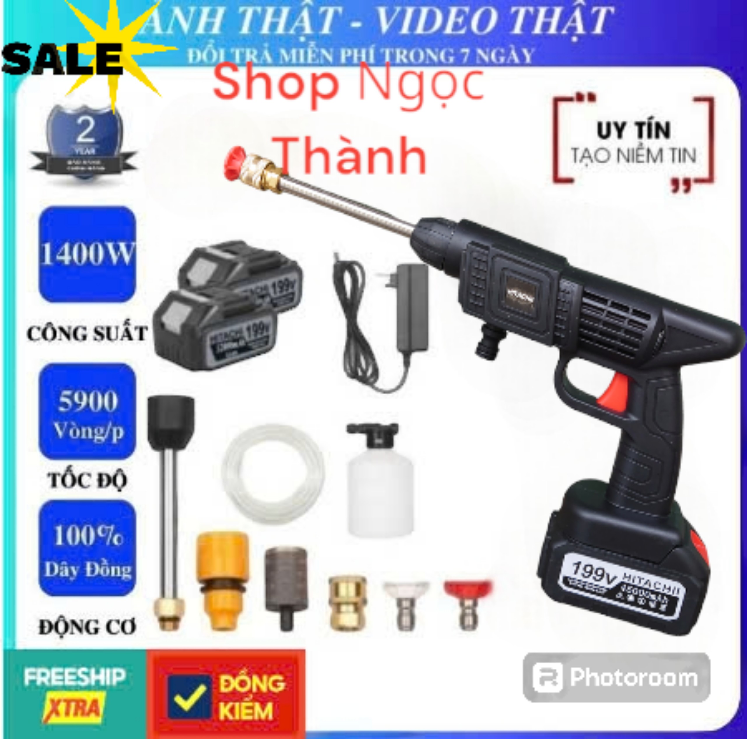 ( Mới 2025 ) Máy rửa xe dùng pin HITACHI 199V - máy rửa xe mini cầm tay - động cơ 100% lõi đồng, áp lực cao, nhỏ gọn, bảo hành 12 tháng