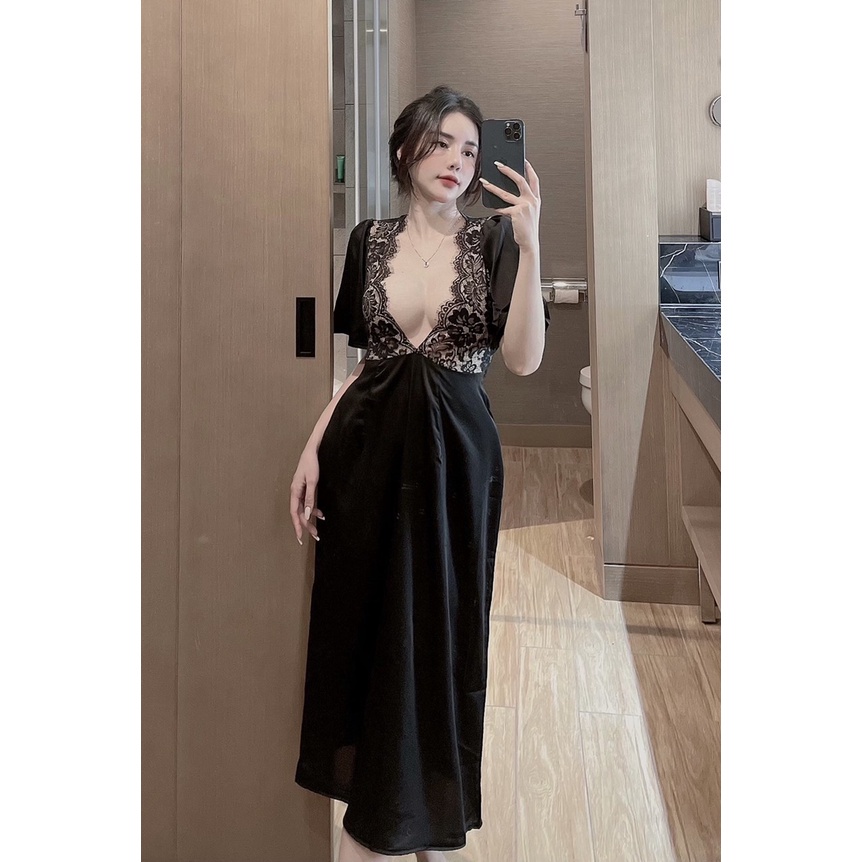 Đầm Ngủ Nữ Tay Ngắn Phối Ren Sexy Chất Lụa Latin Cực Sang Freesize