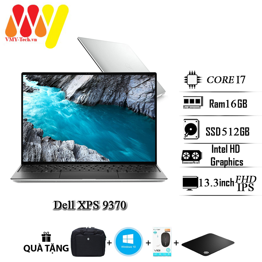 Laptop Dell XPS 9370 dành cho văn phòng, Core i7-8650U, Ram 16GB, ổ cứng SSD 512GB,màn hình 13.3inch Full HD IPS cực sắc nét, tặng kèm bộ phụ kiện