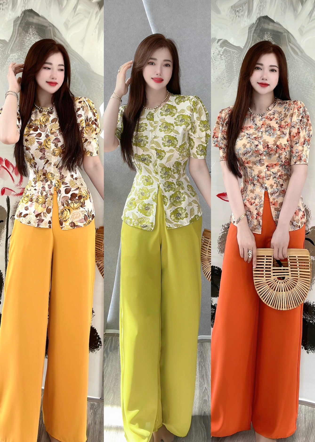 BỘ BÀ BA LỤA HOA 3D TAY PHỒNG