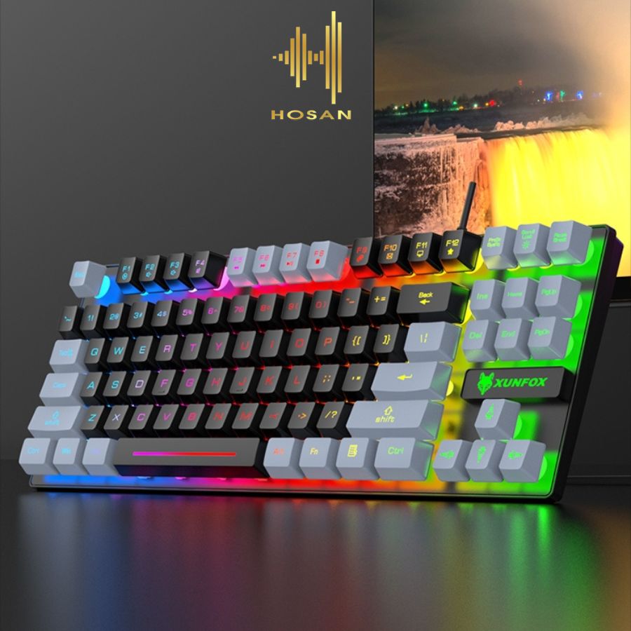 Bàn phím giả cơ gaming XUNFOX K10 - Bàn phím chơi game có dây công thái học 87 phím LED Rainbow