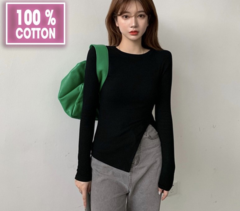 Áo thun croptop nữ tay dài sẻ gấu, ao crt ôm body phong cách Hàn Quốc chất cotton lụa màu đen trắng dưới 52 kg