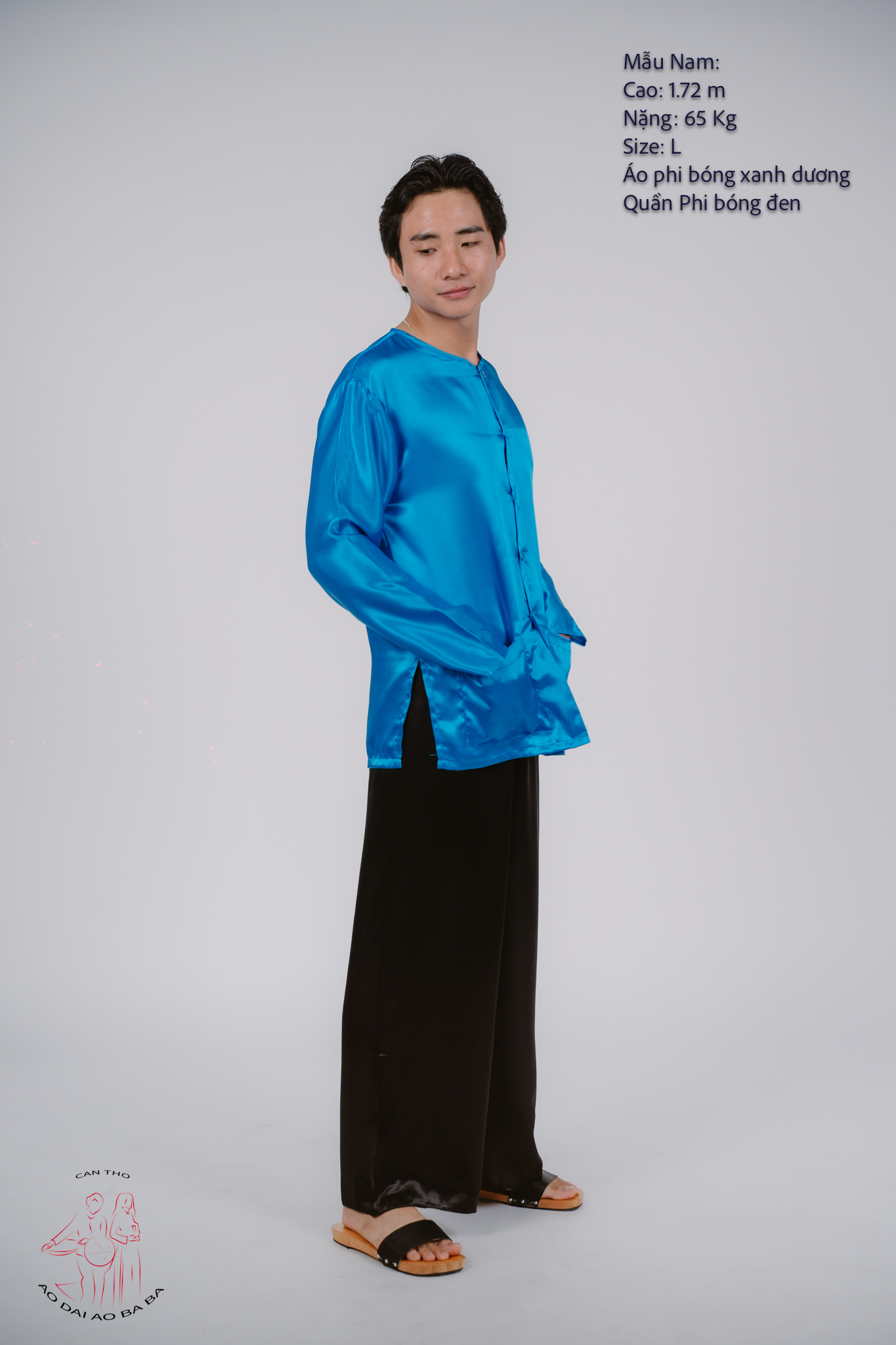 Bộ áo bà ba nam phối áo phi xanh dương + Quần phi đen - Có bộ bà ba Bigsize