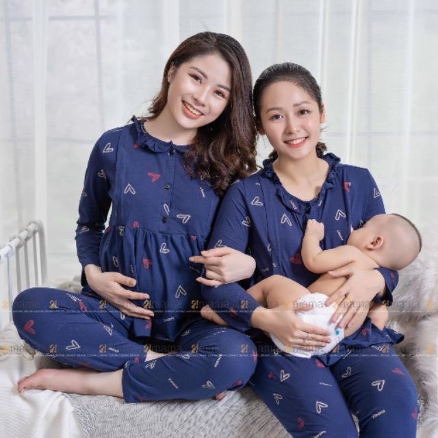 Đồ bầu sau sinh  Đũi mặc nhà cho con bú bộ dài tay thu đông