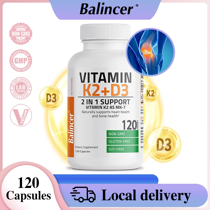 Balincer Vitamin K2 (MK7) với D3 Bổ sung sức mạnh xương và tim mạch Công thức không biến đổi gen 10.000 IU Vitamin D3 & 120 mcg Vitamin K2 MK-7 Dễ nuốt Vitamin D & K, 120 viên nang