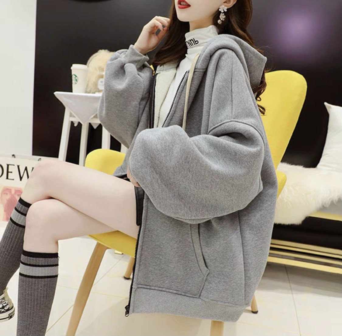 Áo khoác hoodie nỉ ngoại kéo khóa trơn from rộng có mũ rộng U45