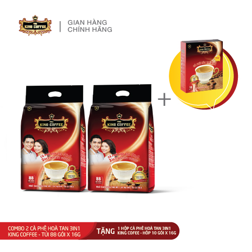 Combo 2 Cà Phê Hòa Tan 3IN1 KING COFFEE - Túi 88 gói x 16g - Tặng 1 Cà Phê Hòa Tan 3IN1 KING COFFEE - Hộp 10 gói x 16g