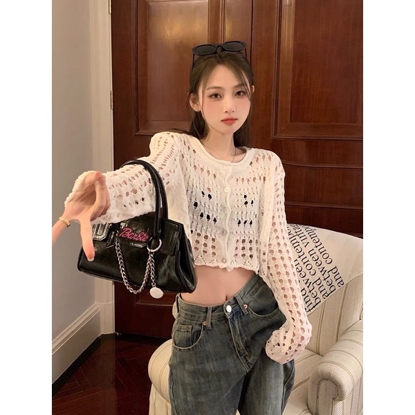 áo khoác dệt kim len cardigan cổ tròn cài khuy - len lưới lỗ