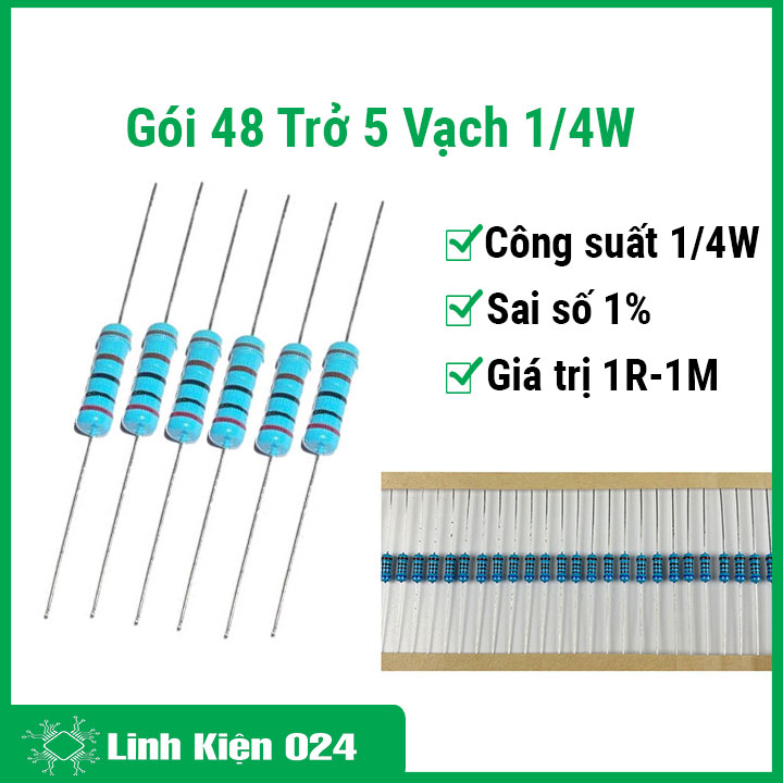 Gói 48 điện trở 5 vạch 1/4W 1% từ 1R-1M mỗi loại 10 Con
