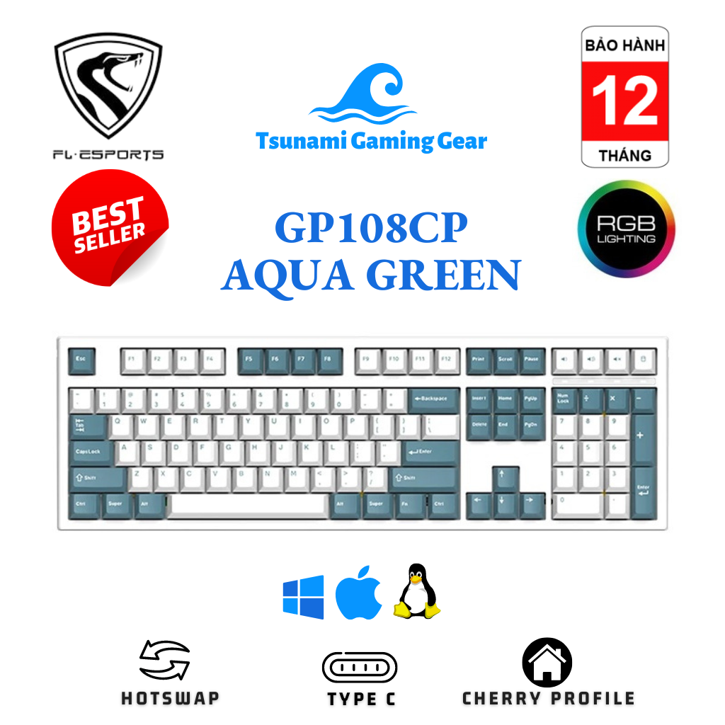 Phím cơ FL-Esports GP108CP Aqua Green USB/ Kailh Box Switch/ led RGB/ đệm tiêu âm - BH 12 tháng