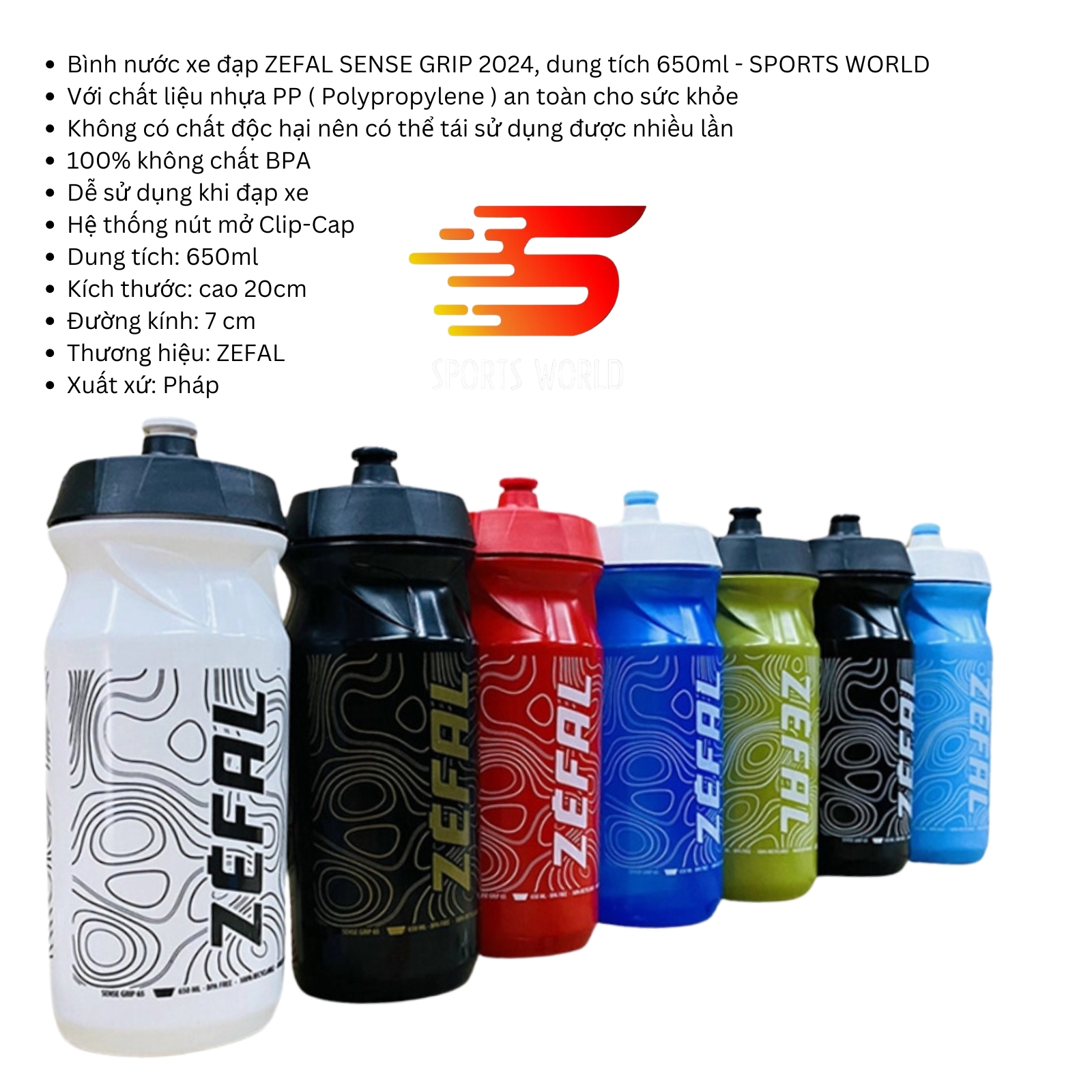 Bình nước xe đạp ZEFAL SENSE GRIP 2024 , dung tích 650ml - SPORTS WORLD