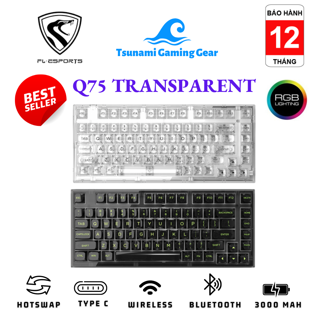 Bàn phím cơ FL-Esports Q75 Transparent PRO I Hotswap I Bluetooth I Wireless 2.4Ghz I Type C I 3 Mode chính hãng