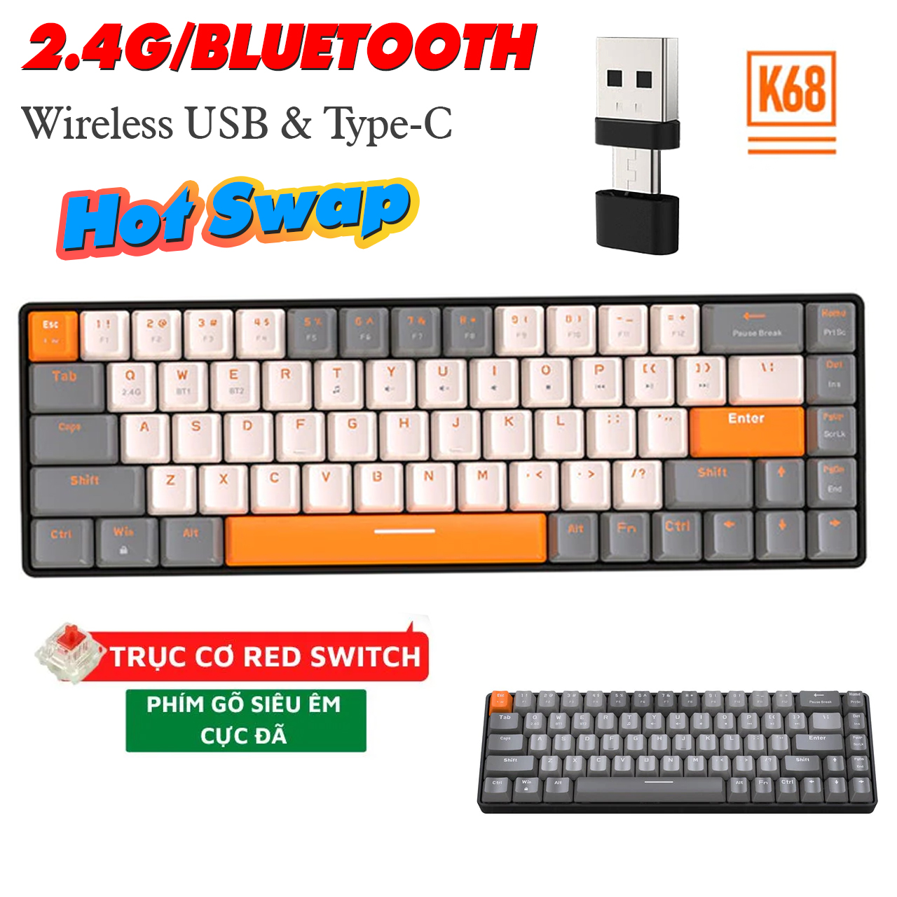 Bàn Phím Không Dây Bluetooth Ziyou K68-K68BT Phím Cơ Red Switch- Blue Switch Giảm Ồn Gõ Cực Thích Hỗ Trợ HotSwap Có Thể Custom Kết Nối Đa Năng Máy Tính/Điện Thoại/Macbook