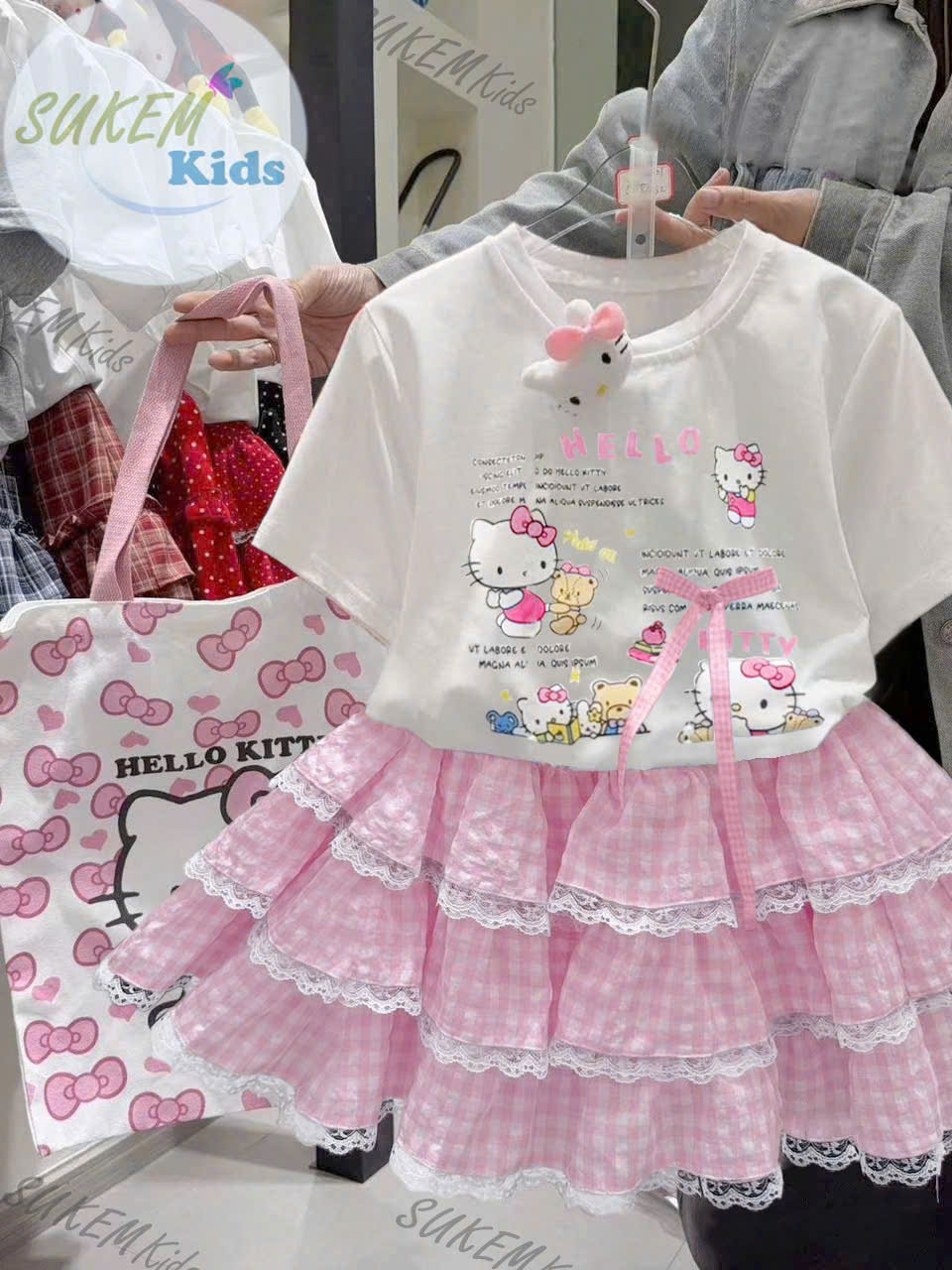 Xả hàng set đầm váy tiểu thư cho bé gái hello kitty từ 10-40kg