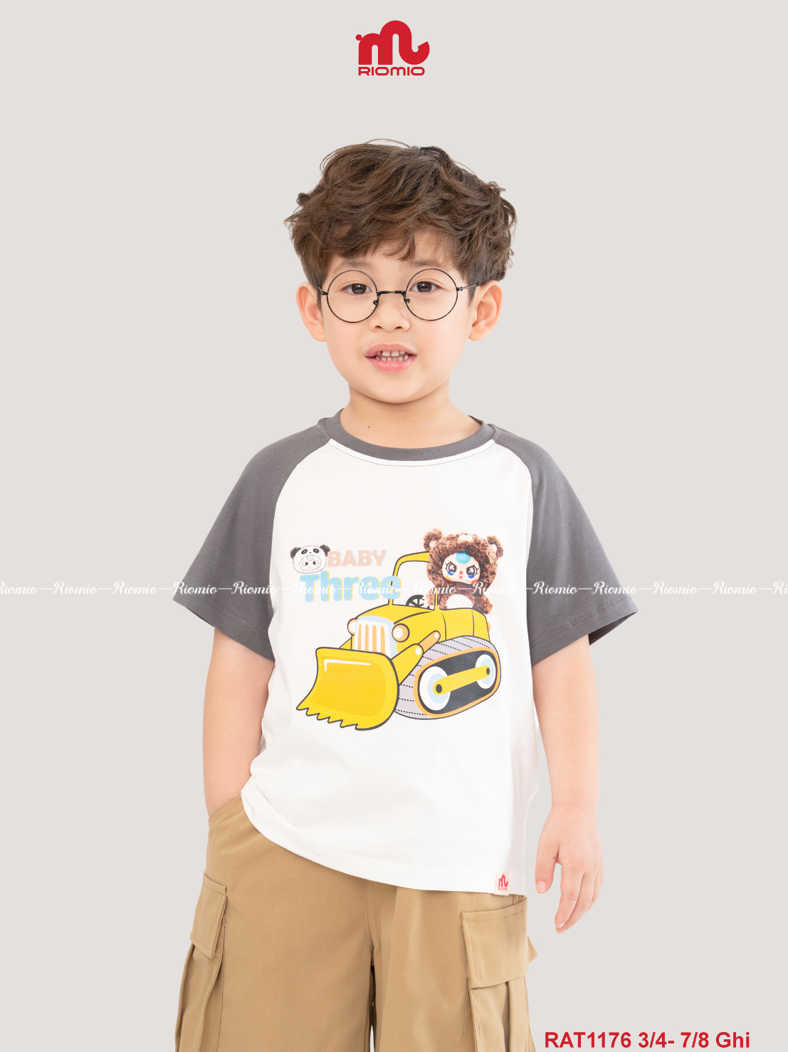 Áo Phông Bé Trai Riomio Vải 100% Cotton 4 Chiều Thiết Kế Giaclăng Basic Form Rộng In Hình Trendy Nâu Ghi Size 3/4–7/8 (15–27kg) RAT1176