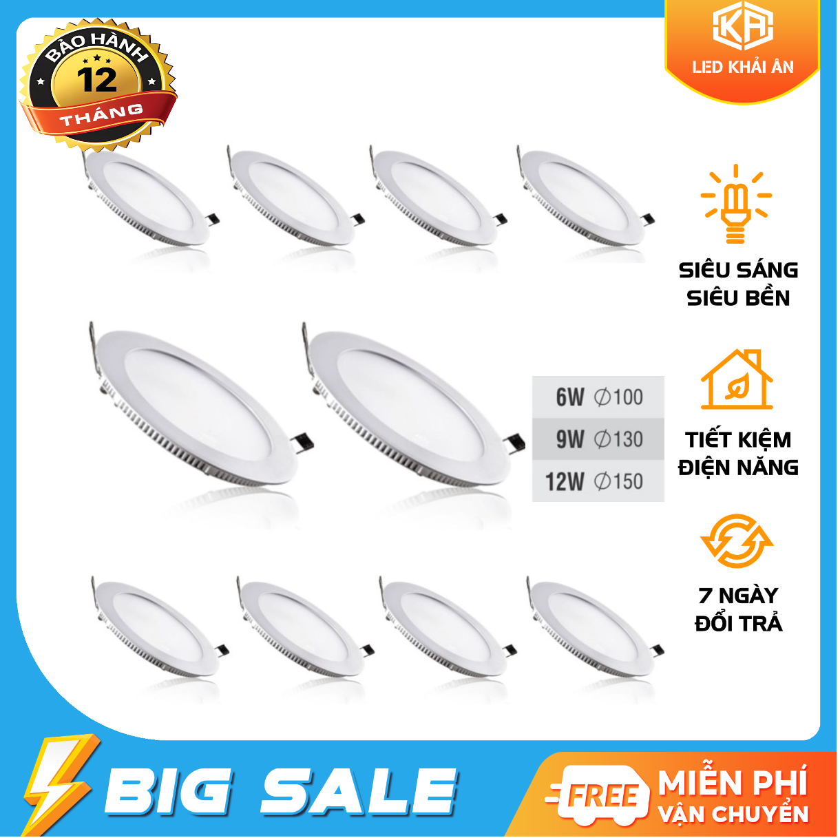 Combo 10 đèn led âm trần 6W, 9W, 12W cao cấp-Tiết kiệm điện năng từ 50%-70% tuổi thọ bền lâu
