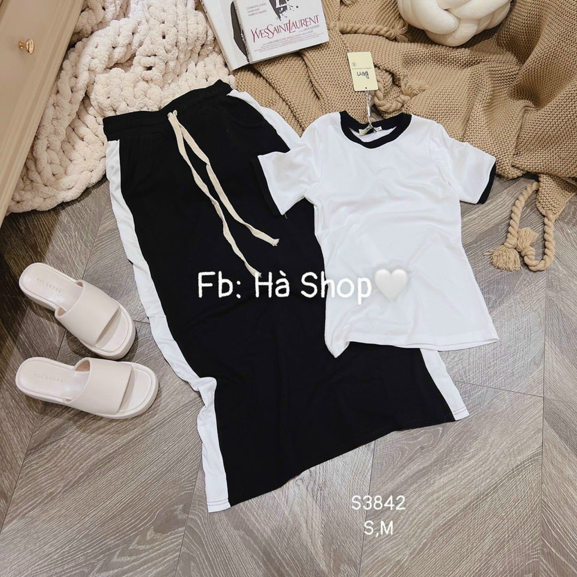 Set bộ viền chân váy dài chun xuông co giãn khoe dáng đẹp, Set áo và chân váy nữ áo trắng tay ngắn viền đen mix chân váy dài xẻ tà viền trắng sang xịn, Đầm thích hợp dự tiệc, đi chơi sang xịn