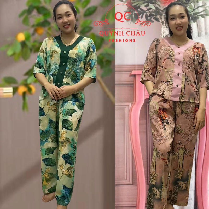 Đồ bộ nữ trung niên cho mẹ, bộ trung niên nữ  lụa pháp, quần dài ống vừa -QC05