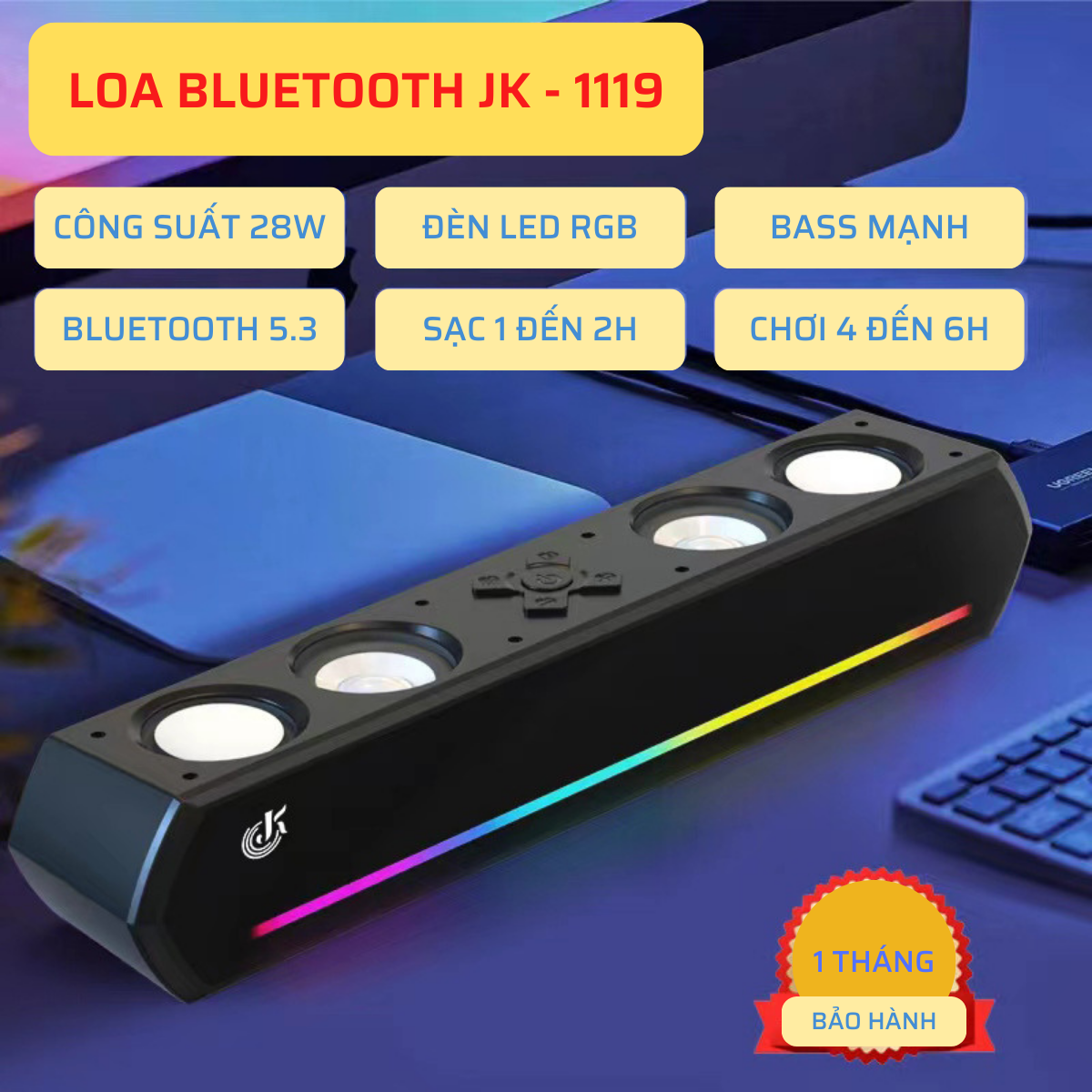 Loa Bluetooth JK-1119 Công Suất 28W - Phiên Bản Cuối Cùng - Led RGB 7+1, Âm Bass Mạnh, Để Bàn, Nghe Nhạc, Chơi Game. Củ Loa