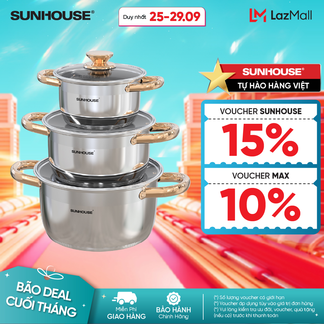 Bộ nồi inox 5 đáy SUNHOUSE SH781 - 16, 20, 24 cm tỏa nhiệt đều - Chất liệu inox an toàn - Phù hợp với mọi loại bếp - Hàng chính hãng