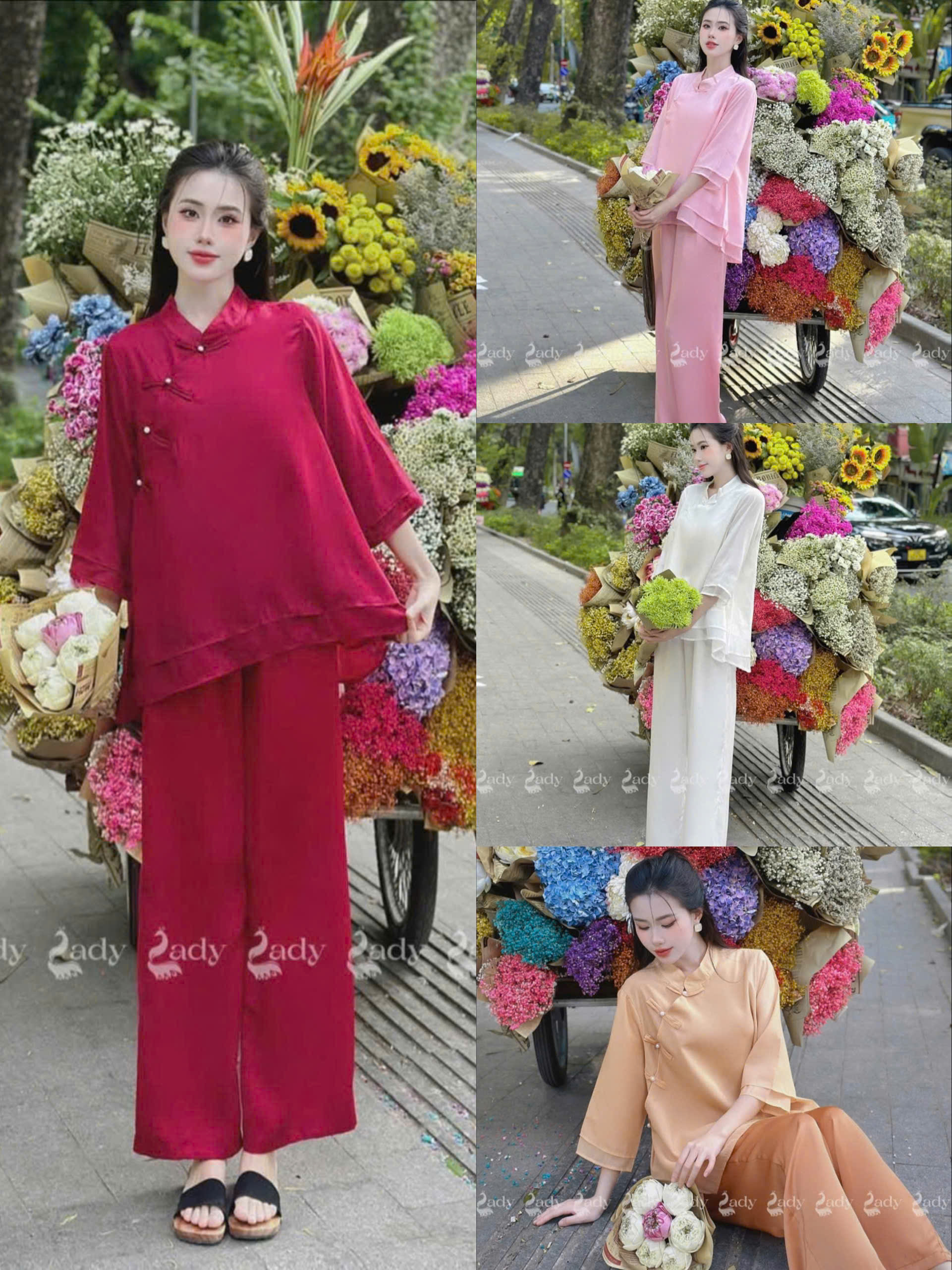 Set bộ dài mẫu mã hot áo tơ cổ trụ tay dài 2 lớp nút tàu đính hạt cườm quần tuyết nhung 4 màu dễ mặc