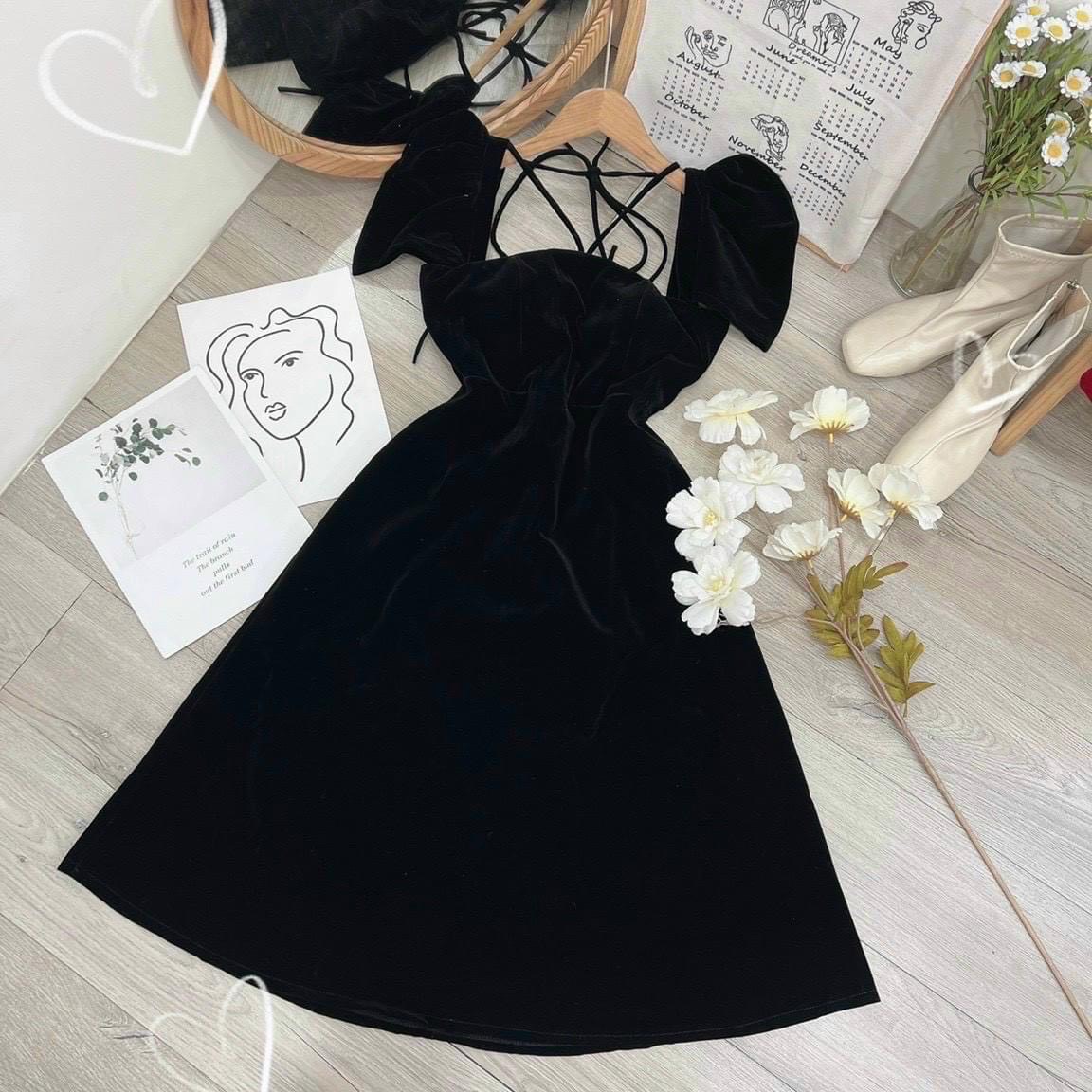 Đầm váy nữ thiết kế chất liệu nhung tăm xinh xắn dự tiệc, kỷ yếu, Đầm váy nữ thiết kế cổ yếm quyến rũ, Đầm váy nữ thiết kế tay bồng dáng váy xòe công chúa MTB