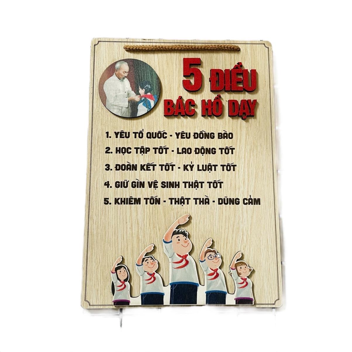 Tranh gỗ khắc laze in nổi 3D tạo động lực 5 ĐIỀU BÁC HỒ DẠY trang trí lớp học phòng học