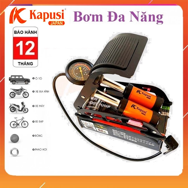 Bơm Đạp Chân Đa Năng KAPUSI 2 Piston Nhật Bản Bảo Hành 1 Năm - Tương Thích Ô Tô/Xe Máy/Xe Đạp