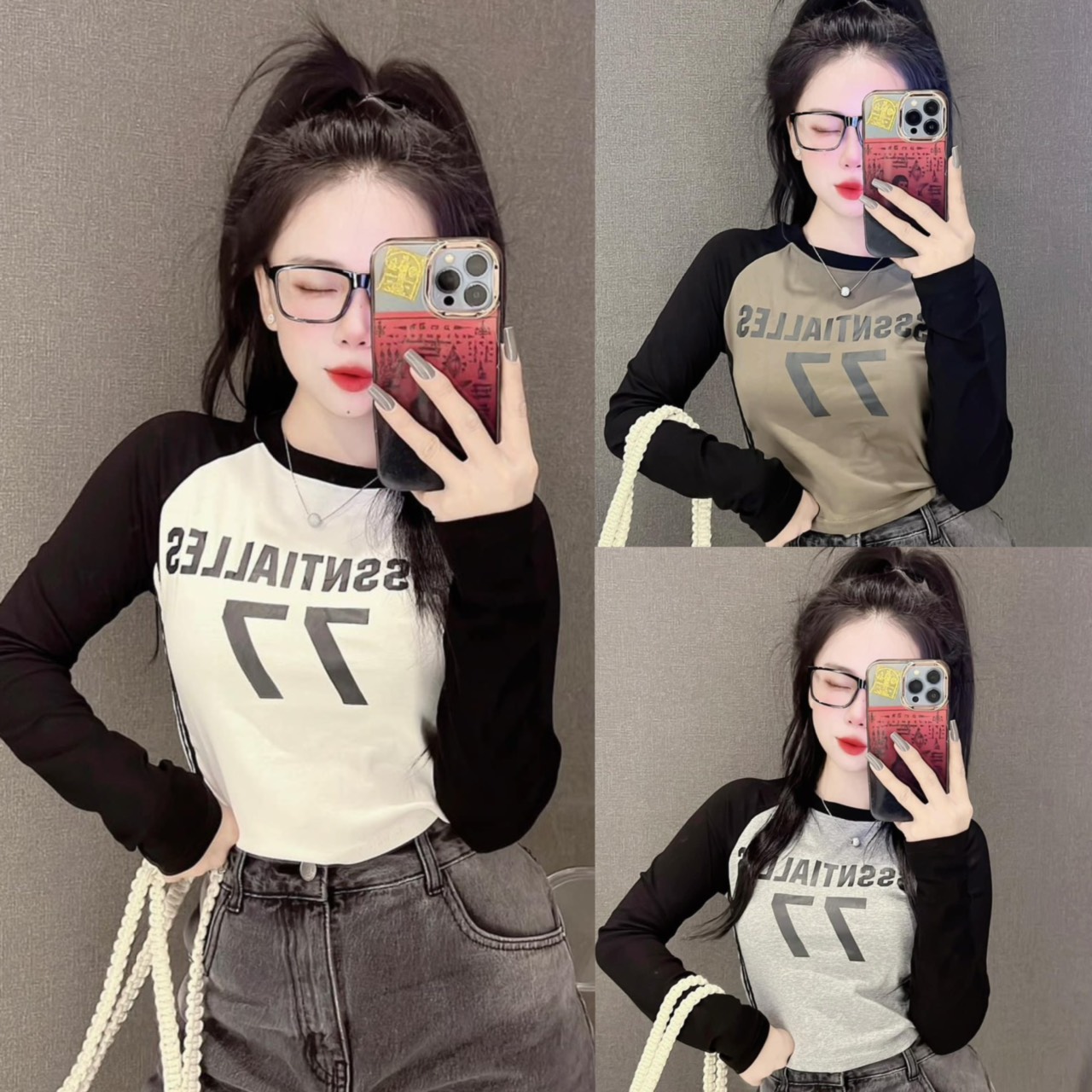 Áo thun Croptop ôm body nữ tay dài phối chữ nổi (Croptop TD 77 )