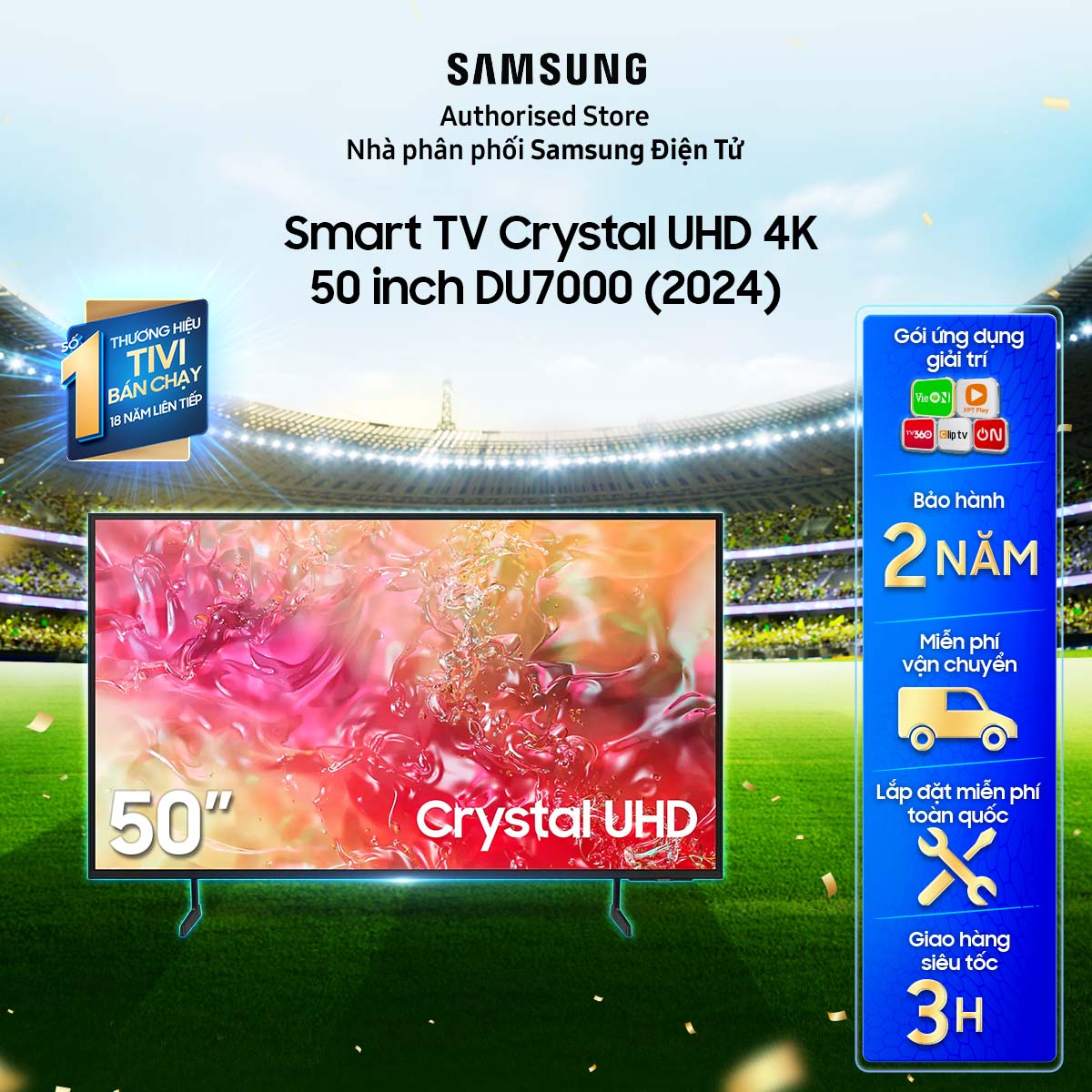 [model 2024][Giao hàng và lắp đặt toàn quốc] 50DU7000 - Smart Tivi Samsung Crystal UHD 4K 50 inch UA50DU7000 UA50DU7000KXXV