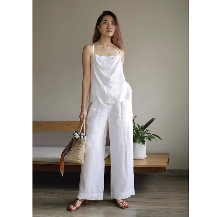 Set bộ Linen áo 2 dây kèm quần dài ống rộng - Trắng